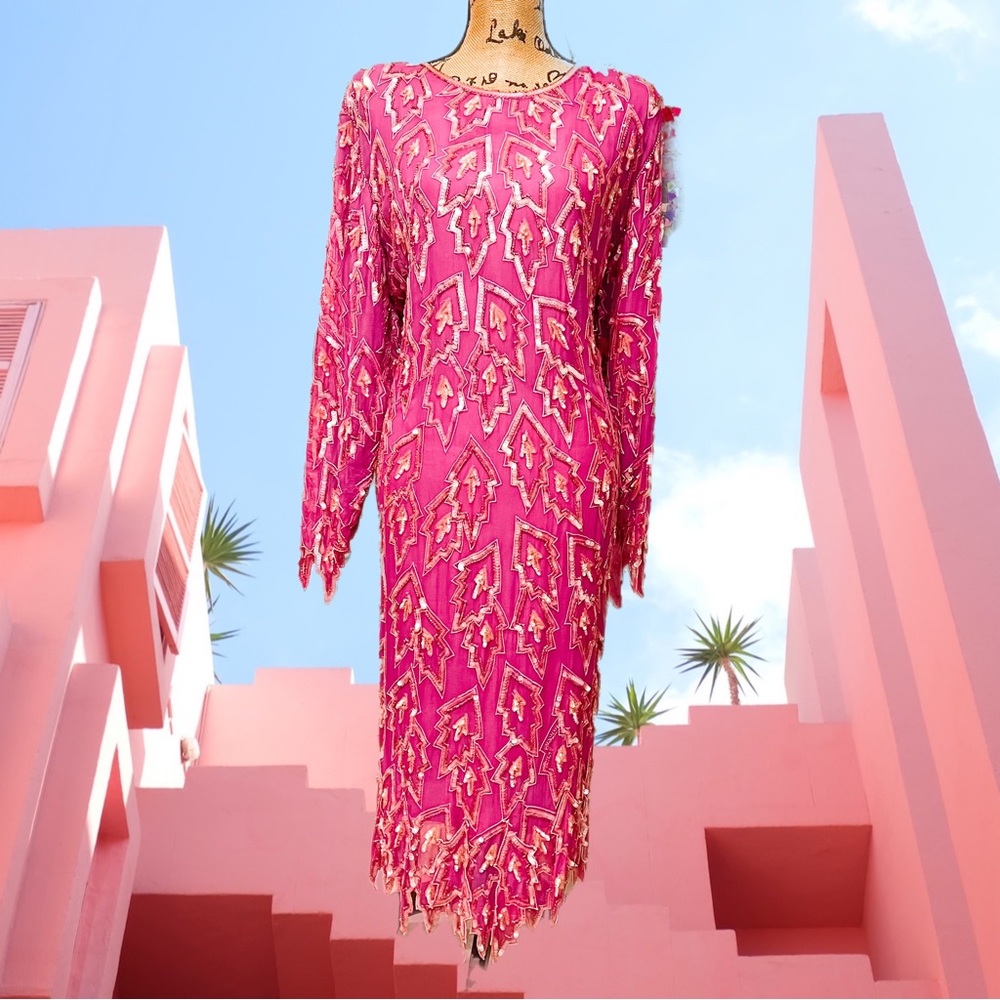 VINTAGE 100% SILK pink sequin star midi dress